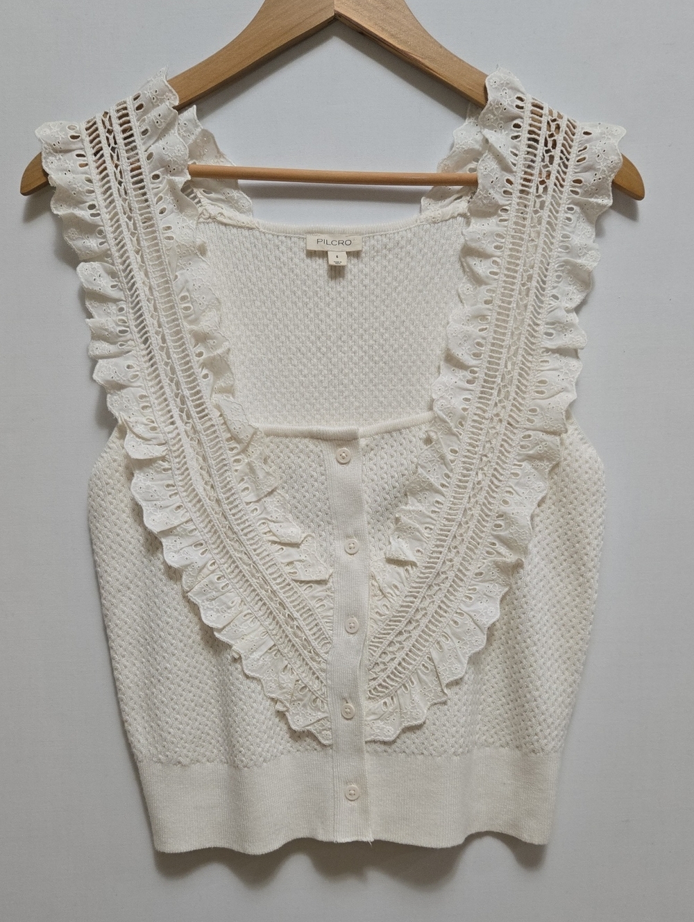 Pilcro Crafted Bib Sweater Tank Top S Cream Ivory Lace Peasant Feminine Ruffle - Picture 4 of 13